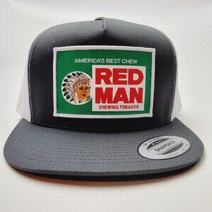 Flat Bill Red Man Patch on a Mesh Snapback Trucker Hat Cap